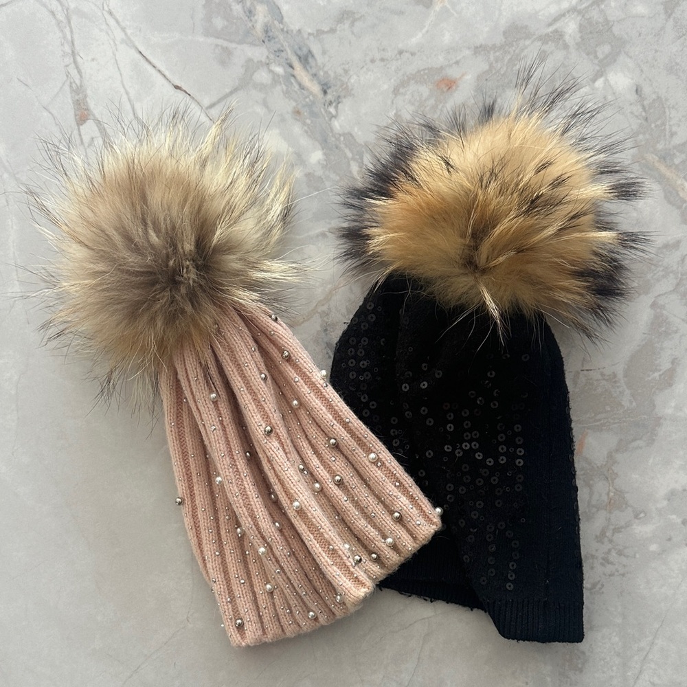 Elegant Black and bay Pink Beanie Hat with Genuine Fur Pom